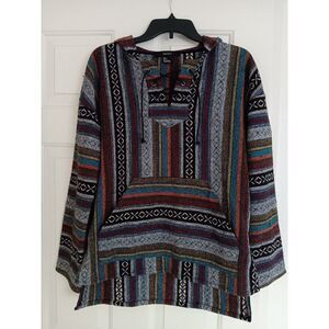 FOREVER 21 Baja Hoodie Free Spirit Multicolor Tribal Surfer Pullover Woven‎ Sz S
